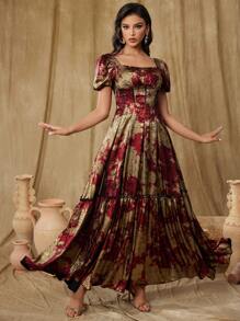 Vestido de noche con mangas abullonadas, acentos metálicos en color block y corte globo, elegante traje de gala para invitada de boda, graduación o cena - Multicolor - Ver 6