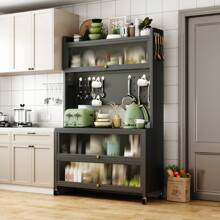 Kitchen Cabinet, Coffee Bar Station, Buffet Cabinet, Pantry Cabinet With Microwave Shelf 5 Tier Metal Sideboard Baker's Rack Coffee Bar Hutch Buffet Laundry Storage, With Wheels & Hooks - 黑色 - 查看 5