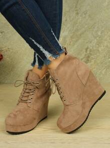 Bottines pour femmes, chaussures compensées synthétique de couleur unie, bottes à plateforme imperméable à lacets avec semelle épaisse, chaussures rehaussantes
