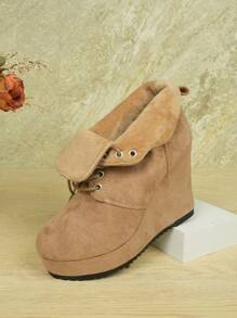 Bottines pour femmes, chaussures compensées synthétique de couleur unie, bottes à plateforme imperméable à lacets avec semelle épaisse, chaussures rehaussantes