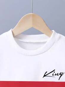 青少年男孩字母印花拼色圆领运动衫和运动裤套装，秋季