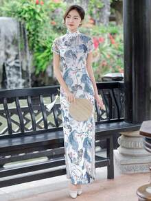 Fikoo 女式复古花卉蓝色旗袍连衣裙 - 长款橙色新娘/旗袍夏季长款晚礼服，短袖和开衩，适合婚礼宾客、花园派对、文化活动和正式场合