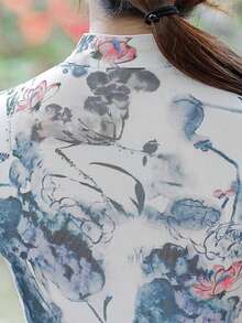 Fikoo 女式复古花卉蓝色旗袍连衣裙 - 长款橙色新娘/旗袍夏季长款晚礼服，短袖和开衩，适合婚礼宾客、花园派对、文化活动和正式场合