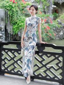 Fikoo 女式复古花卉蓝色旗袍连衣裙 - 长款橙色新娘/旗袍夏季长款晚礼服，短袖和开衩，适合婚礼宾客、花园派对、文化活动和正式场合