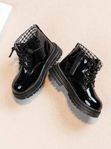 1 双儿童亮面漆皮侧拉链轻便防滑时尚靴子，适合春秋季节 - 黑色 - 查看 6