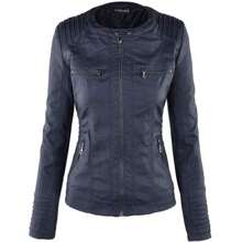 Newbestyle Faux Leather Jacket For Women Casual Moto Biker Jacket Quilted Full-Zip Coat Long Sleeve With Hoody - 藏蓝色 - 查看 4