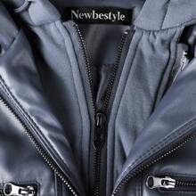 Newbestyle Faux Leather Jacket For Women Casual Moto Biker Jacket Quilted Full-Zip Coat Long Sleeve With Hoody - 藏蓝色 - 查看 5