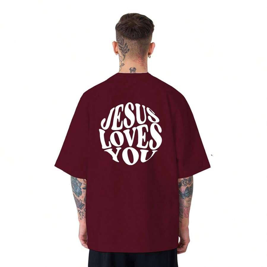 Christian Oversized T-Shirt Jesus Loves You Unixex - 紫紅色 - 查看 1