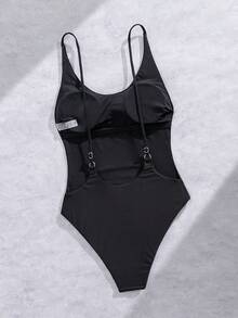 女士性感连体泳衣，U 型领口露背设计，纯色 - 黑色 - 查看 5