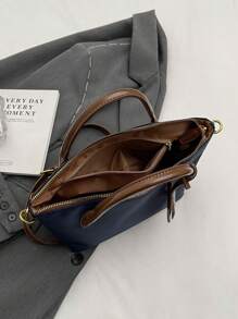 New Fashion Dual Handle Solid Color Nylon Waterproof Square Tote Bag, Suitable For Travel, Shopping And Commuting - Navy Blue - View 6