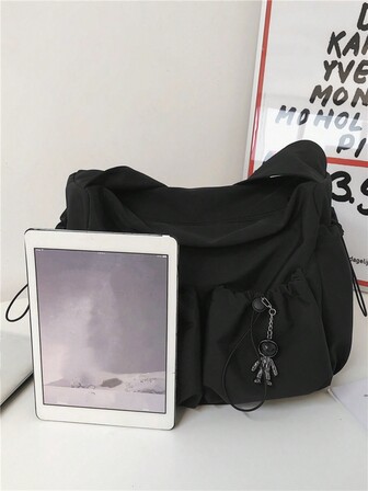 Damväska med stor kapacitet och berlocker, unisex axelväska i nylon med flera fickor och dragsko, vattentät, skolväska/universitetsväska