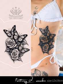 Tatouages semi-permanents minimalistes au jus d'herbes, motifs papillon et rose, cadeau pour festival de musique, fête, vacances, résistant à l'eau 7-14 jours, non décolorant, non réfléchissant, autocollant de tatouage corporel pour épaule, cou, bras, taille, abdomen, jambe, clavicule, 1 feuille - Bleu azur - Voir 1