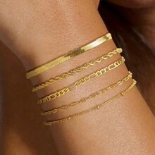 5 件套时尚精致网球串珠回形针和链式手链，可堆叠饰品套装，适合女士，礼物 - 金色 - 查看 1