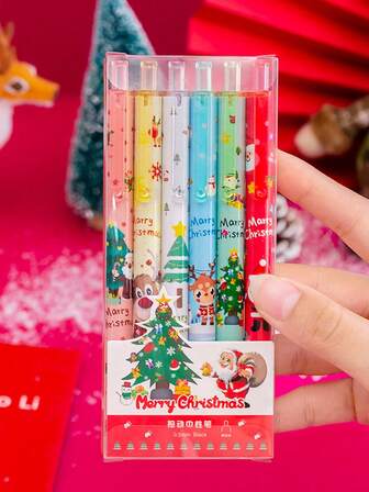 1-6支随机创意可爱卡通圣诞系列盒装中性笔，精美校园文具小礼物小奖品，个性有趣的节日办公桌面装饰笔，日常工作学习书写练习书法顺滑快干黑色中性笔