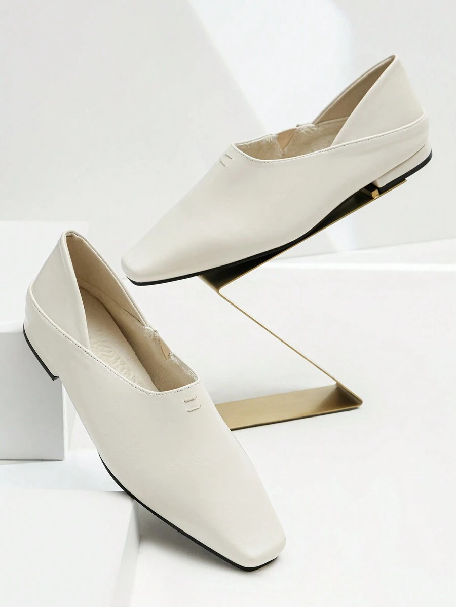 Nuevos zapatos planos de mujer de estilo inglés vintage, de punta cuadrada, versátiles y cómodos, de color beige, que se pueden usar con tacón o sin él - Beis - Ver 1