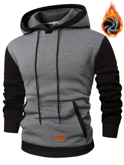 Men's Colorblock Faux Leather Hoodie, Autumn/Winter, Long Sleeve Top