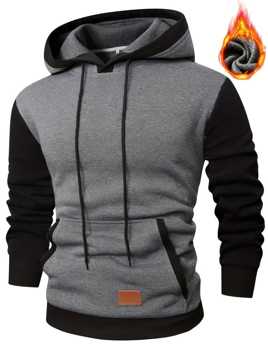 Men's Colorblock Faux Leather Hoodie, Autumn/Winter, Long Sleeve Top - Dark Grey - View 1