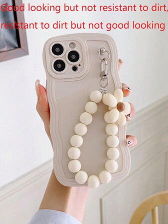 1 pieza Funda de silicona ondulada con colgante de perla, funda antiperditida de teléfono compatible con Apple y Samsung (el color beige puede tener pequeños puntos negros y es propenso a ensuciarse, lo cual es normal)