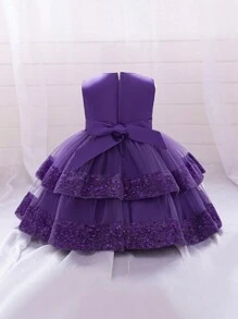 女婴纯色亮片网纱蝴蝶结薄纱蛋糕裙无袖可爱花童派对礼服，不含头饰 - 紫色 - 查看 2