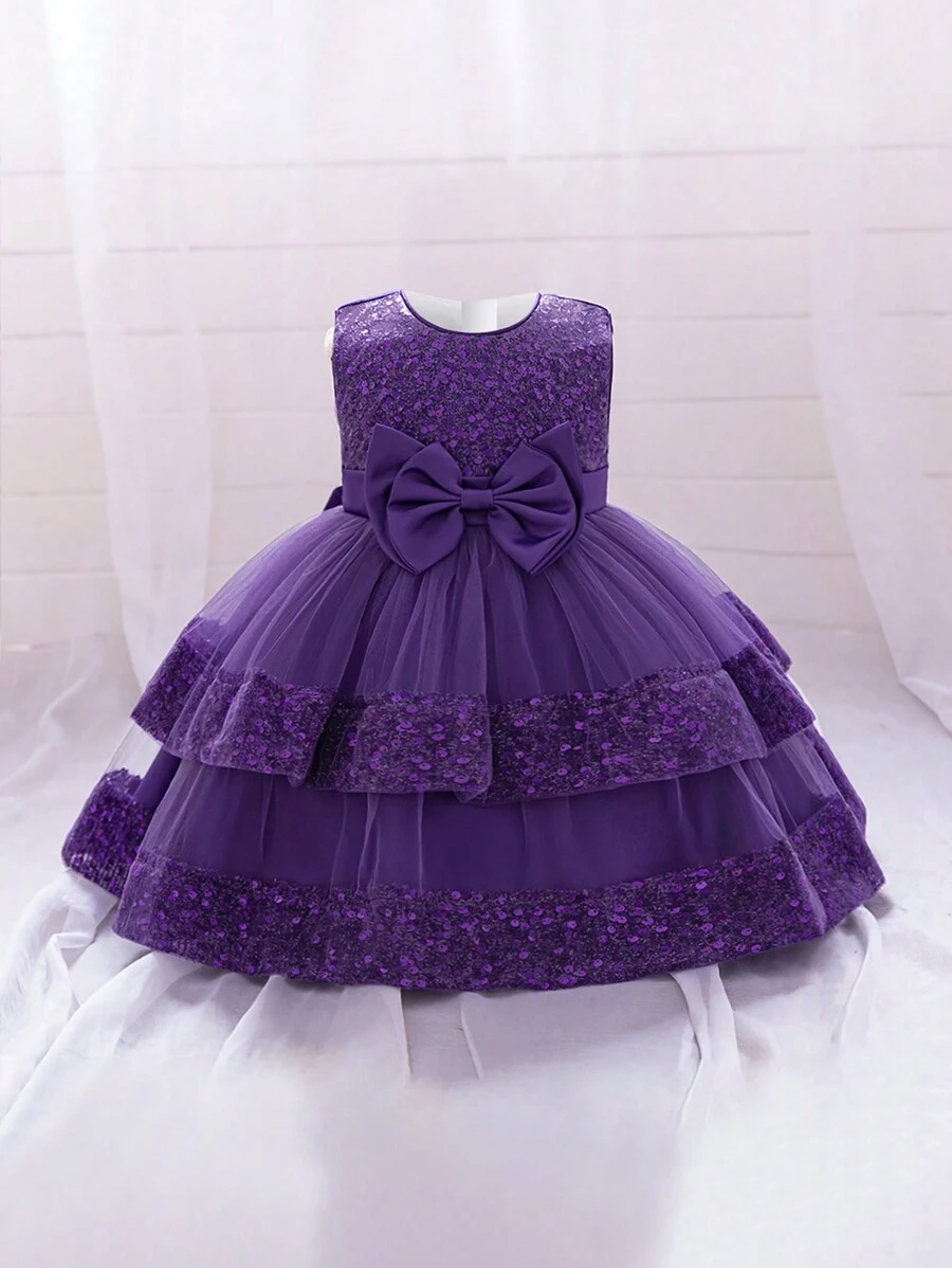 Váy dự tiệc đính nơ lưới sequin trơn màu cho bé gái, không tay, bằng vải tuyn, không kèm băng đô - Màu tím - Xem 1