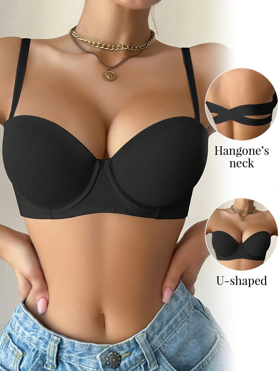 Black Glossy Underwear Cup Girl Sexy Bra Semi-Comfortable Push-Up Underwear Straps Everyday Versatile Bra Sensorable Bra