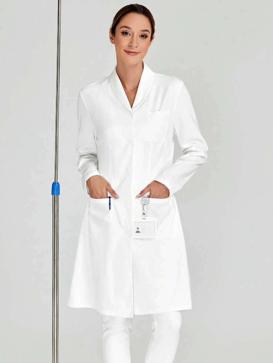 cimmuovere Bata de laboratorio de manga larga blanca, uniforme de enfermería, bata de médico dentista, clínica, salón de belleza, psiquiatra con bolsillos - Blanco - Ver 1