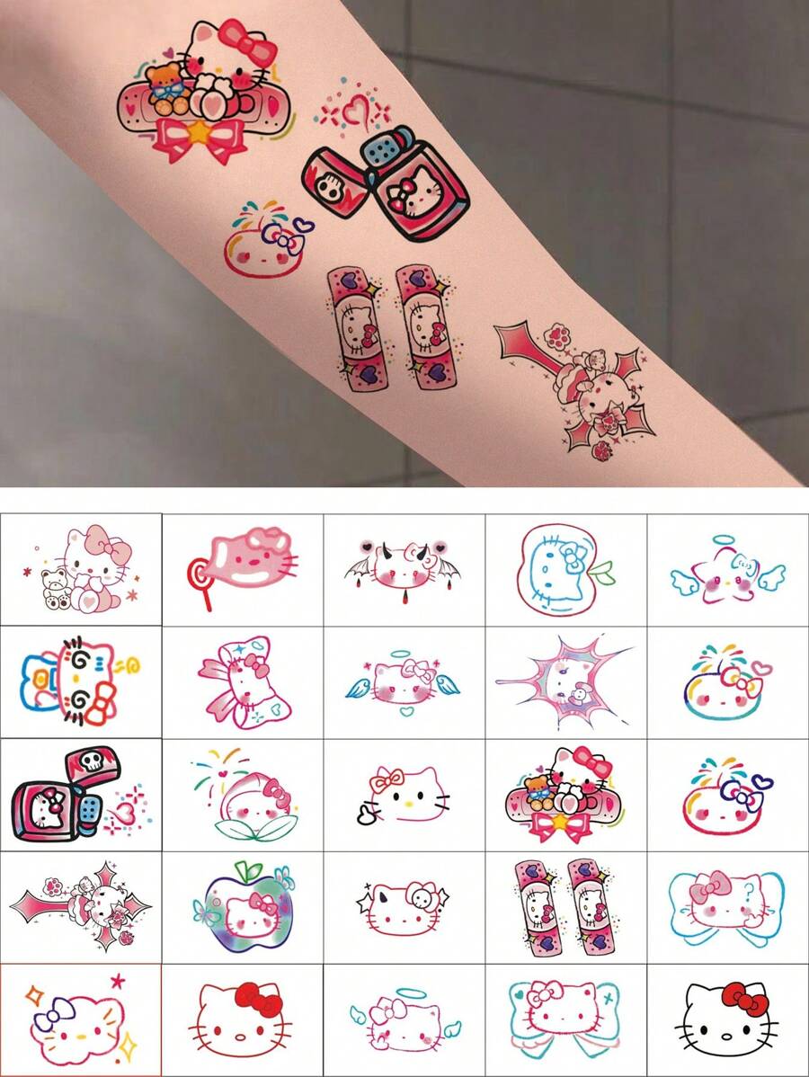 25Pcs/Pack Kawaii Hello Kittys Temporary Tattoo Stickers Cartoon Kitty Cat Tattoo Body Art Waterproof Sticker Gift (Some Parts May Be Random) - Multicolor - View 1