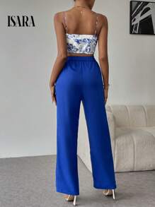 ISARA Women's Formal Set, Printed Blouse + Tailored Palazzo Pants. - 藍色 - 查看 6