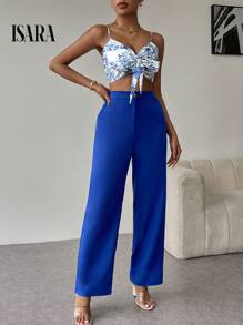 ISARA Women's Formal Set, Printed Blouse + Tailored Palazzo Pants. - 藍色 - 查看 5