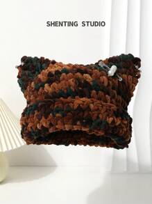 1 件女士手工编织猫耳帽，厚实温暖的双色针织帽，配有可拆卸珍珠和水钻胸针装饰，时尚百搭冬帽万圣节