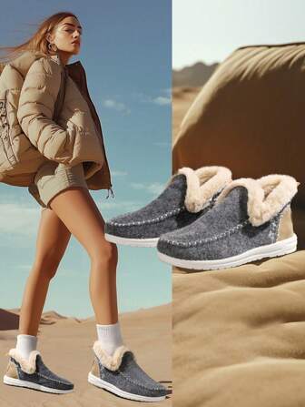 2024 Fall/Winter Couples Flat Ankle Boots, Grey Suede Snow Boots With Fur Lining & Platform, Thick Warm Slip-On Casual New Boots, Embroidered Mark Line, Size Up 1 For Men