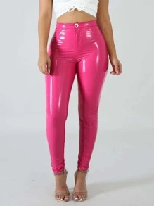 Womens Band Mirror Effect Metal Zipper Elastic Fabric High Waisted Skinny Pants PU Trousers Slim-Fit Y2K Spring Autumn Casual To Nightclub Party Outfits