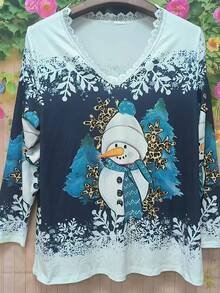 Plus Size Women Christmas Snowman 3D Print Long Sleeve T-Shirt, Popular Style