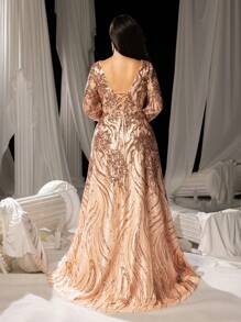 Elisanya Plus Plunging Neck Lace Up Back Floral Sequin Prom Dress, Elegant Long Sleeve Formal Evening Gown, For Wedding Guest, Graduation, Dinner Party Dress