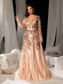 Elisanya Plus Plunging Neck Lace Up Back Floral Sequin Prom Dress, Elegant Long Sleeve Formal Evening Gown, For Wedding Guest, Graduation, Dinner Party Dress