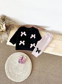 Bộ 2 món/bộ áo dài tay mềm mại có nơ dễ thương cho bé gái và quần dài, mùa xuân/thu - màu đen - Xem 2