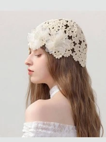 1pc Casual Boho Polyester Knitted Hollow Pearl Flower Handmade Beanie Hat, Lightweight 4 Season, Sweet & Cute Korean Style For Women