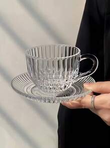 1pc Vintage Striped Glass Cup & Saucer Set, Transparent Teacup Milk Cup Dish For French Afternoon Tea Back To School - Clear - View 1