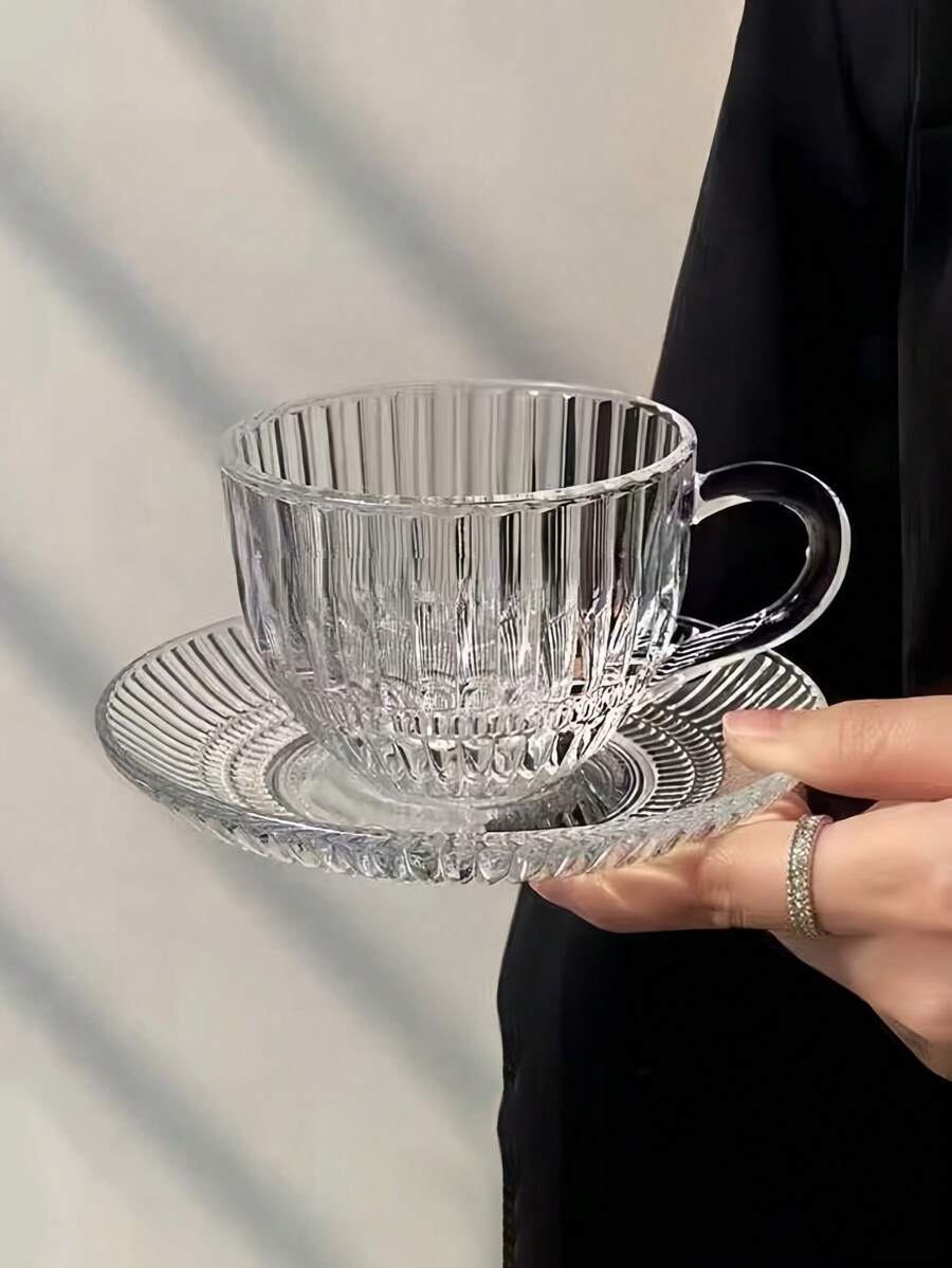 1pc Vintage Striped Glass Cup & Saucer Set, Transparent Teacup Milk Cup Dish For French Afternoon Tea Back To School - Clear - View 1