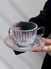 1pc Vintage Striped Glass Cup & Saucer Set, Transparent Teacup Milk Cup Dish For French Afternoon Tea Back To School - Clear - View 3