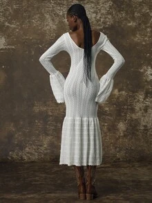 Rochie tricotată cu decolteu în U, cu mânecă lungă, semi-transparentă, cu tiv - alb - Vizualizare 6