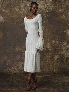 Rochie tricotată cu decolteu în U, cu mânecă lungă, semi-transparentă, cu tiv - alb - Vizualizare 4