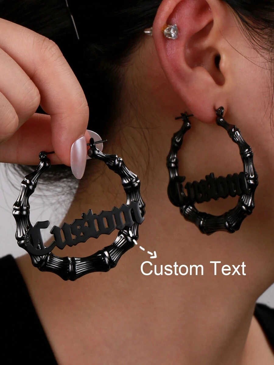 定制名字竹节耳环，简约风格，不锈钢材质，80毫米，夸张大号女士耳环，个性化经典复古英文字母耳环，个性婚礼首饰，生日周年纪念礼物，送给女友 - 黑色 - 查看 1