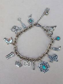 1 件西式吊坠手链、1 件西式帽子马蹄仙人掌手链、1 件西部牛仔风格闪电地图手链、1 件西式绿松石手链