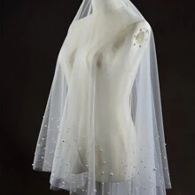 1 件新款新娘双层珍珠装饰长拖尾婚纱头纱配饰万圣节秋季女士服装 - 彩色 - 查看 7