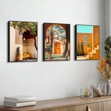 1/3 pièces Ensemble de peinture de paysage de l'hôtel et de la station balnéaire les plus luxueux en Afrique et au Moyen-Orient, impression sur canevas sans cadre moderne, galerie Amanjena, station balnéaire de luxe de Marrakech, affiche murale artistique pour salon, chambre à coucher, dortoir et décoration marocaine de la maison, cadeau parfait