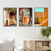 1/3 pièces Ensemble de peinture de paysage de l'hôtel et de la station balnéaire les plus luxueux en Afrique et au Moyen-Orient, impression sur canevas sans cadre moderne, galerie Amanjena, station balnéaire de luxe de Marrakech, affiche murale artistique pour salon, chambre à coucher, dortoir et décoration marocaine de la maison, cadeau parfait