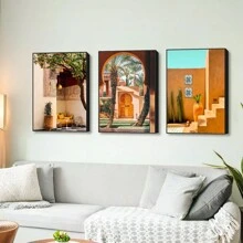 1/3 pièces Ensemble de peinture de paysage de l'hôtel et de la station balnéaire les plus luxueux en Afrique et au Moyen-Orient, impression sur canevas sans cadre moderne, galerie Amanjena, station balnéaire de luxe de Marrakech, affiche murale artistique pour salon, chambre à coucher, dortoir et décoration marocaine de la maison, cadeau parfait