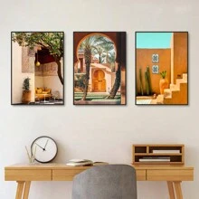 1/3 pièces Ensemble de peinture de paysage de l'hôtel et de la station balnéaire les plus luxueux en Afrique et au Moyen-Orient, impression sur canevas sans cadre moderne, galerie Amanjena, station balnéaire de luxe de Marrakech, affiche murale artistique pour salon, chambre à coucher, dortoir et décoration marocaine de la maison, cadeau parfait