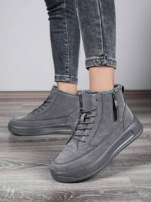 Women's Zip-Up Snow Boots, Latest 2025 Autumn/Winter High-Top Sneakers, Thermal Lined Thick Warm Fur Boots, Side Zipper Closure, & Fashionable Mid-Calf Boots, Flat Round Toe, Non-Slip & Waterproof Leather, Outdoor High-Top Sneakers, Cold-Resistant & Anti-Freeze, Suitable For Couples, Holiday Outings, Parties, Shoes - Grey - View 3